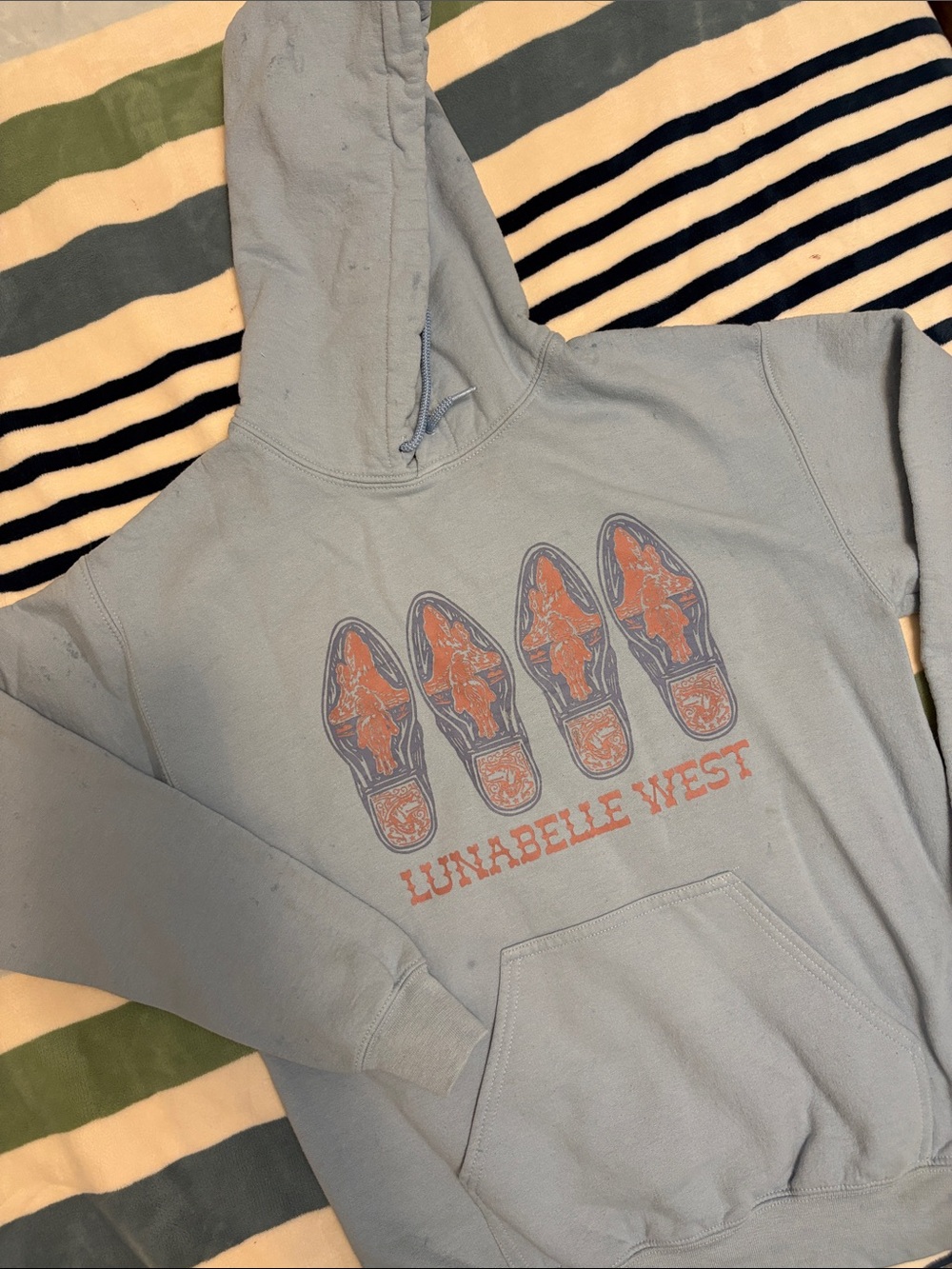 Light Blue Graphic Hoodie with 'Lunabelle West' Print